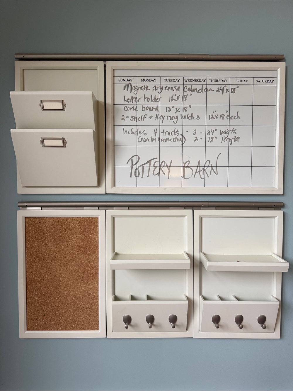 Pottery Barn White Entryway Wall Organizer System with Cork & Dry-Erase